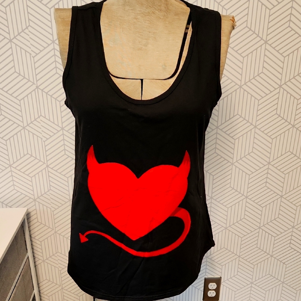 Devil Heart Tank Top Black and Red Cotton Port Authority Women's Size XL NWT